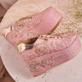 Soft Pink Platform Heels with Silver & Rose Gold Embroidery - Ankle Cushion for Comfort